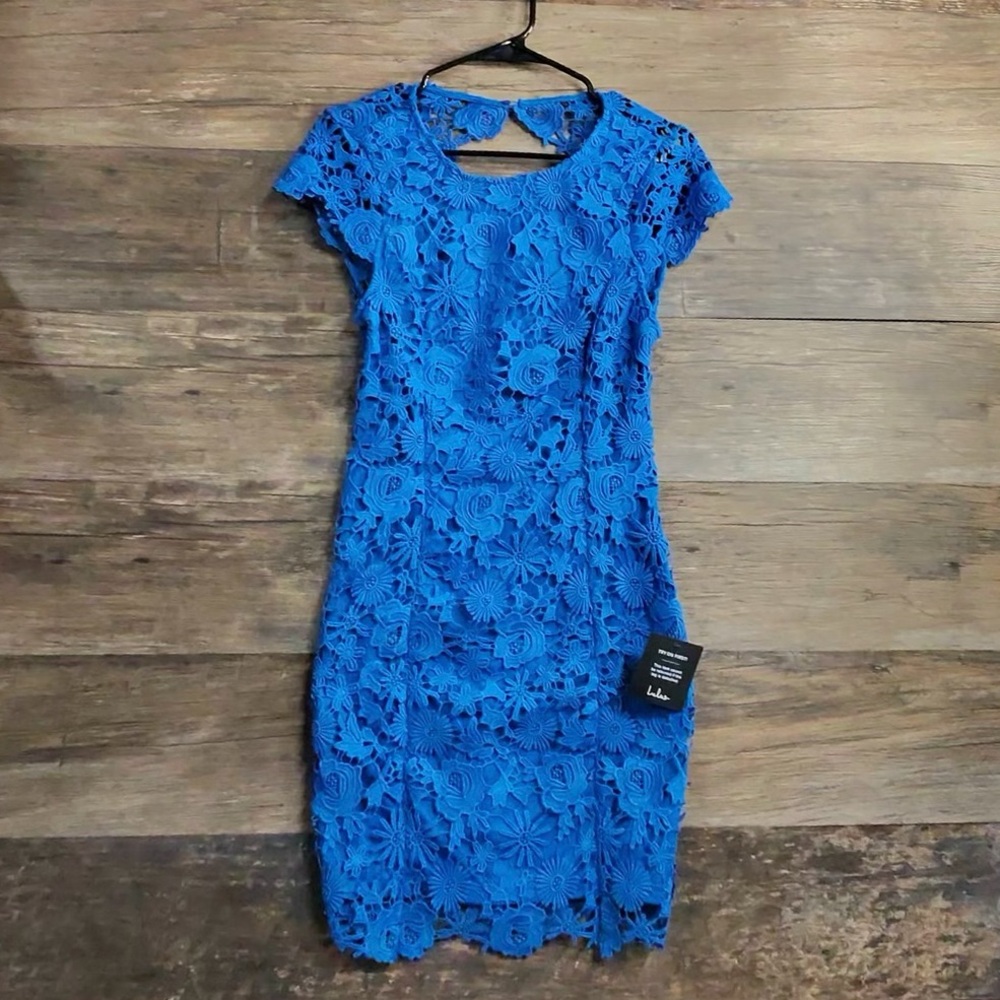 Lulu's Royal Blue Floral Lace Cap-Sleeve Mini Dress
